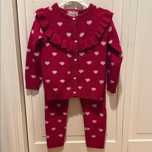btween Pink & White Hearts 2 Piece Button UP Sweater & Pant Set Toddler Set Girl
